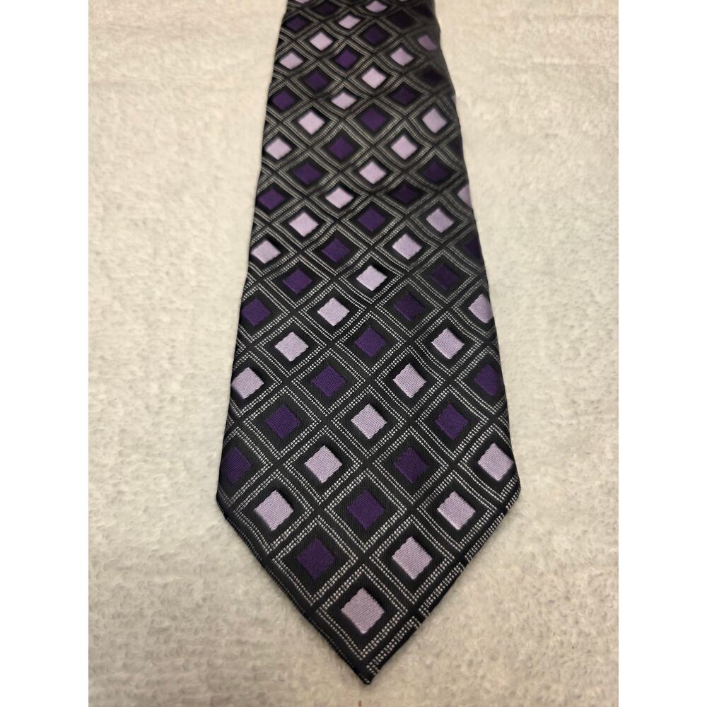 Bergamo New York purple grey white square geometric print tie - 59" - career - Picture 2 of 5